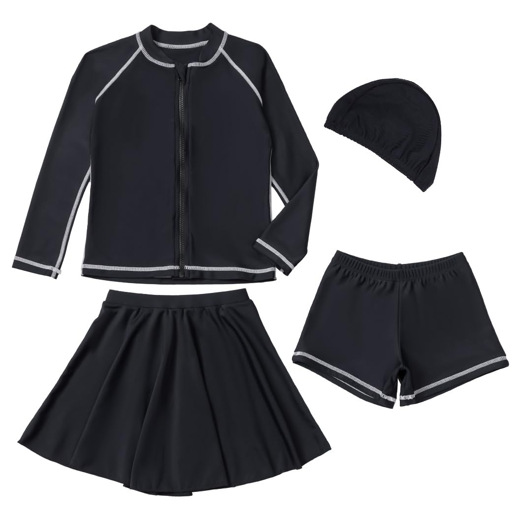 

School Swimsuit for Long Sleeve Rash UV Black x White [Teddy] Kids, Girls, Separate, Guard, Skirt, 4-Piece Set, Amphibious, Protection, UPF50+,