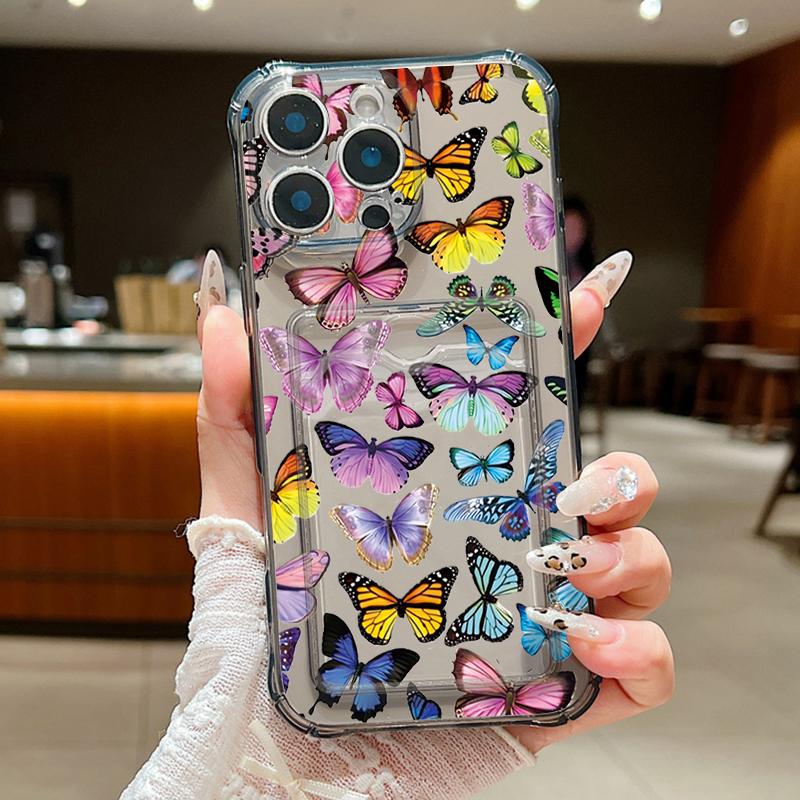 

Ударопрочный прозрачный чехол для телефона с отделением для карт и узором «бабочка» для iPhone 16 Pro 15 14 13 Pro Max 11, мягкая силиконовая защита линз, тонкий прозрачный чехол iPhone 16 серый