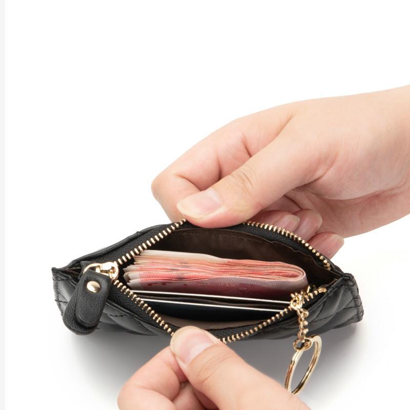 Ladies Sheepskin Rhombus Key Case, Soft Surface Change Storage Bag, Leather Multi-Function Ultra-Thin Card Case