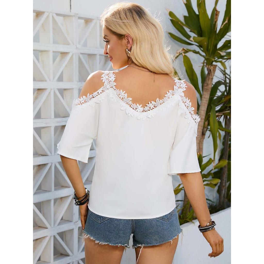 Blusa Sexy da Donna Estiva Stile Europeo Americano Scollo a V Manica Corta Spalle Scoperte con Spalline in Chiffon