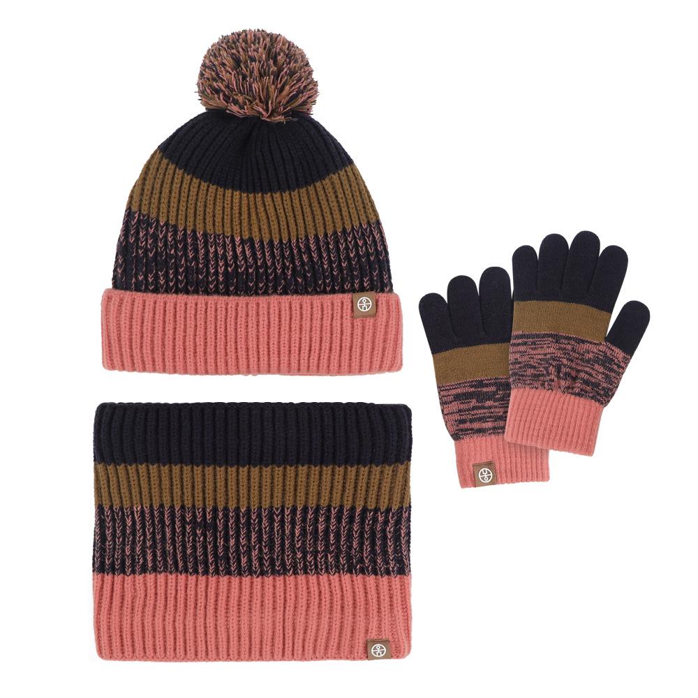 Children's Scarf, Hat, and Gloves Set: Warm Wool Blend with Color Block Design and Pom-Pom Details.