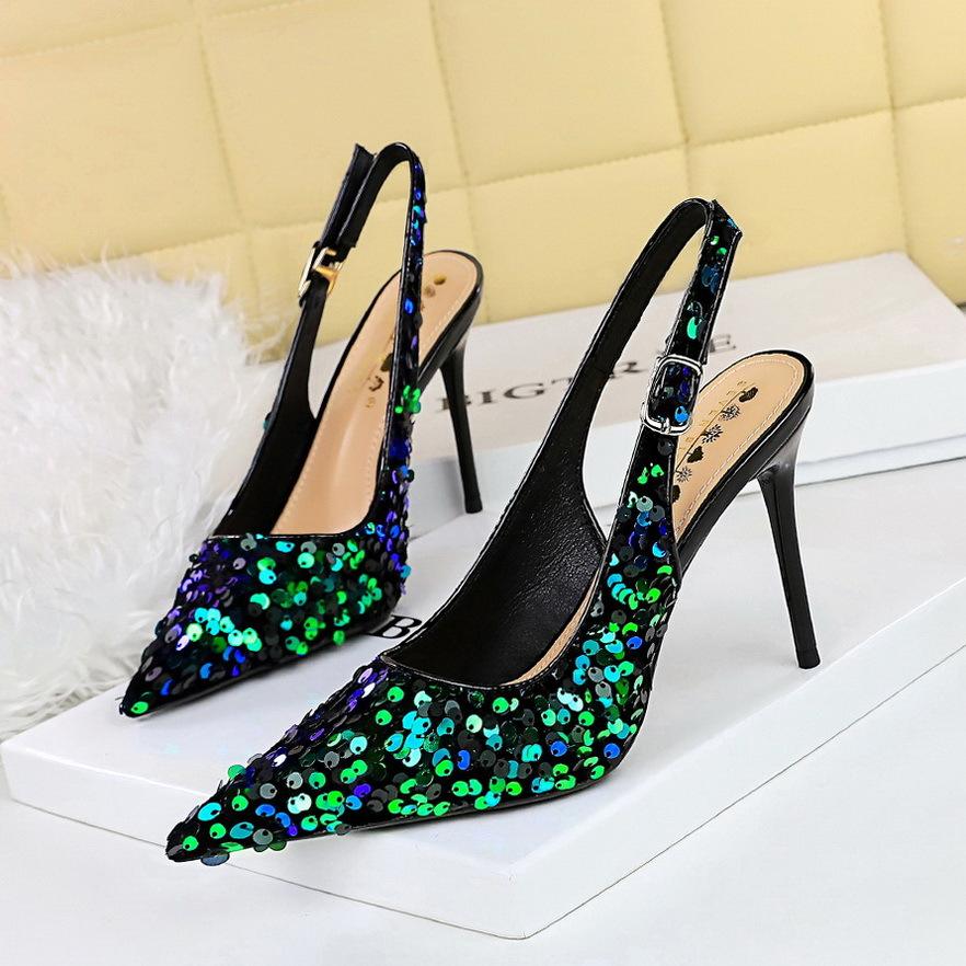 Fashion Fashion Bling Design Heeled Sandals Women Summer Sexy Pointed Toe Hollow Back Strap Thin High Heels Elegant Banquet Women Pumps