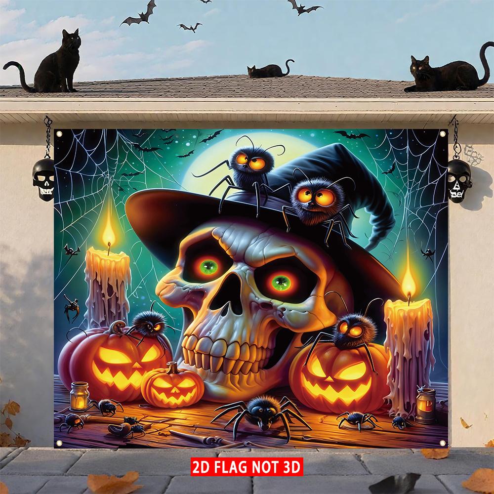 2D Door Flag, 1 Piece, Bizarre Halloween Garage Door Cover Flag - Skull and Spider Pumpkin Design