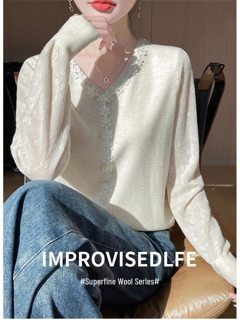 Sheer Sleeve V-Neck Knitwear: Spring/Summer Hollowed-Out Women’s Versatile Base for Elegant Mom Style