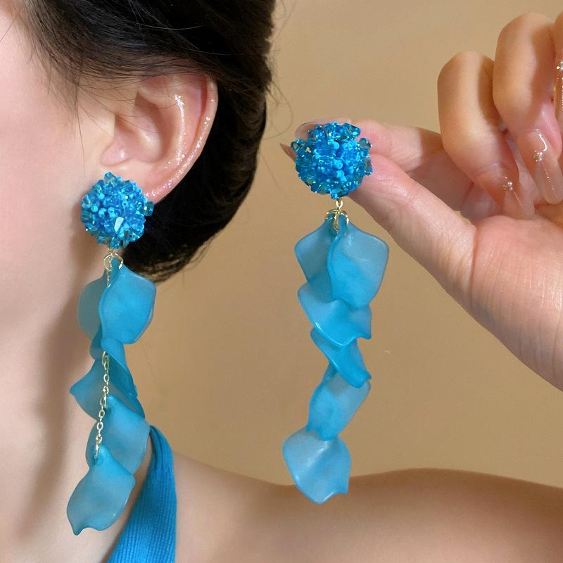 New Blue Hydrangea Dangle Earrings Women Tassel Petal Drop Earrings Fashion Beach Vacation Style Daily Wear Jewelry Accessories
