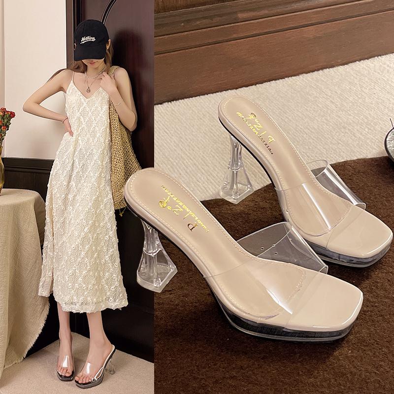 Fashion 2025 New Summer Square Toe High Heels  Clear Heel Sandals Transparent PVC Party Shoes For Ladies