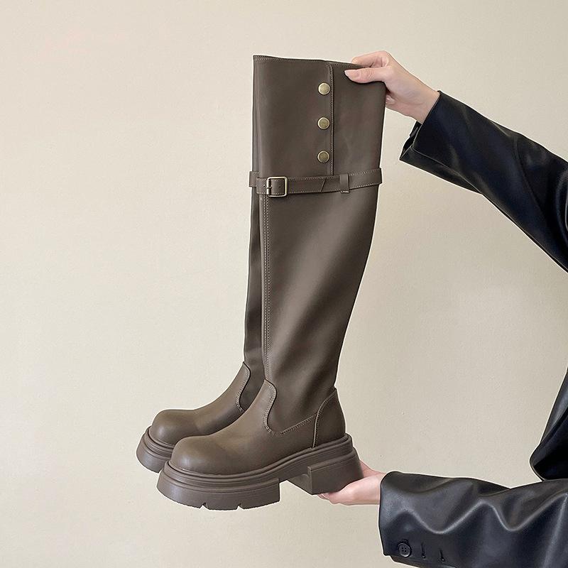

Американские ретро длинные рыцарские сапоги для женщин на осень и зиму 2025 года, новые длинные сапоги на толстой подошве с небольшой платформой, узкие сапоги 39