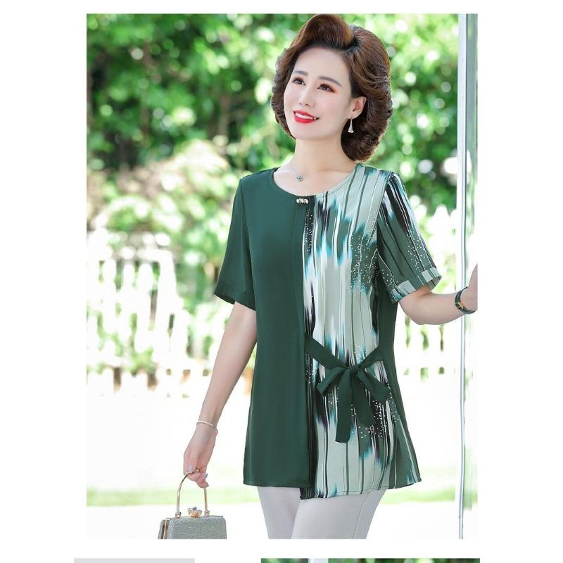 Western-style Loose Short-sleeved Chiffon Shirt Middle-aged and Elderly Summer Round-neck Fashionable Small Shirt