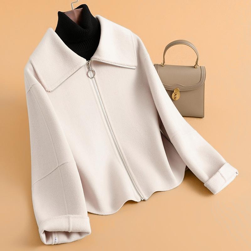 Double-sided Woolen Jacket Women's Short Autumn New Design Large Lapel Niche Zipper High-end Coat
