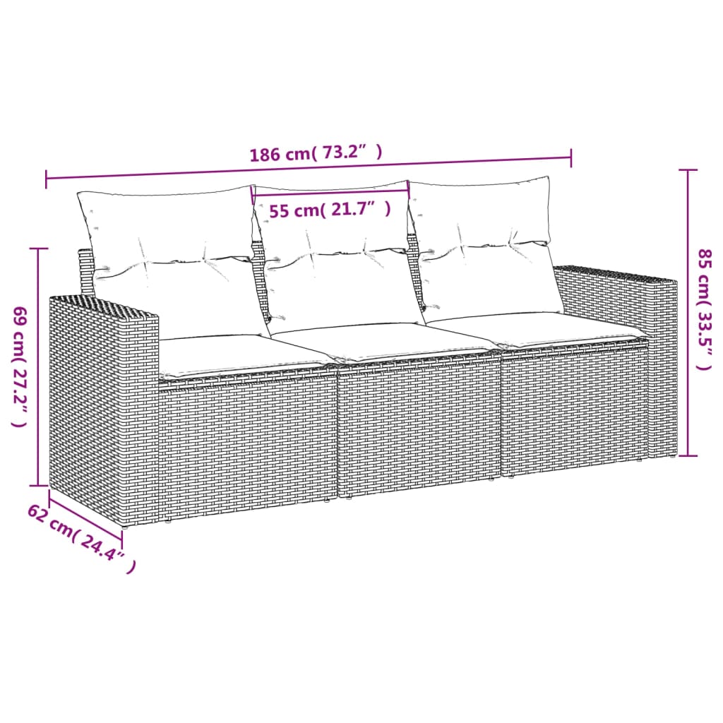 Vidaxl 3-Cz. Garden Furniture Set With Cushions, Beige, Poly Rattan