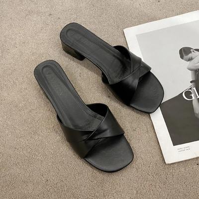 2024 2024 Summer New 2024 Open Toe Solid Color Simple Leather Surface Versatile Candy Color Large Slippers Square Heel Shoes Women