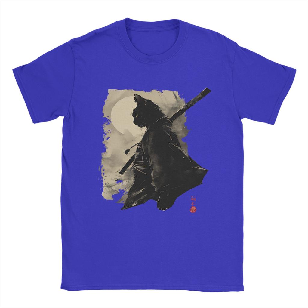 TShirts Unisex Samurai Cat Leisure Pure Cotton Tee Shirt Round Neck Short Sleeve T Shirt Plus Size Clothing