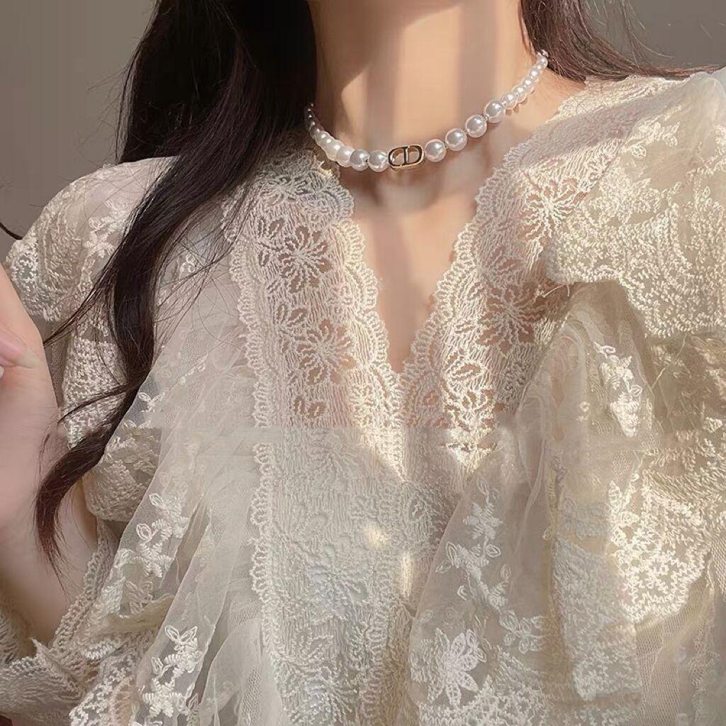 Náhrdelník s cd korálky Dámský lehký luxusní jednoduchý sladký řetízek klíční kosti výklenek design Špičkový perlový řetízek na krk