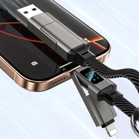 65W 4 In 1 Keychain Cable, Fast Charging Data Cable with LED Display, 8-Pin/Type-C/USB-A/USB-C, Portable Keyring Cord for Most Phone