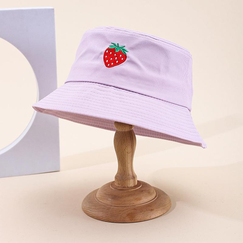 Korean Style Women's Summer Bucket Hat Embroidered Strawberry Casual Foldable Sun Hat for Outdoor Activities