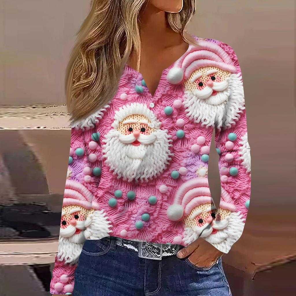 Women's Fashion Casual V-Neck Button-Up Long-Sleeve T-Shirt With Christmas Print Top