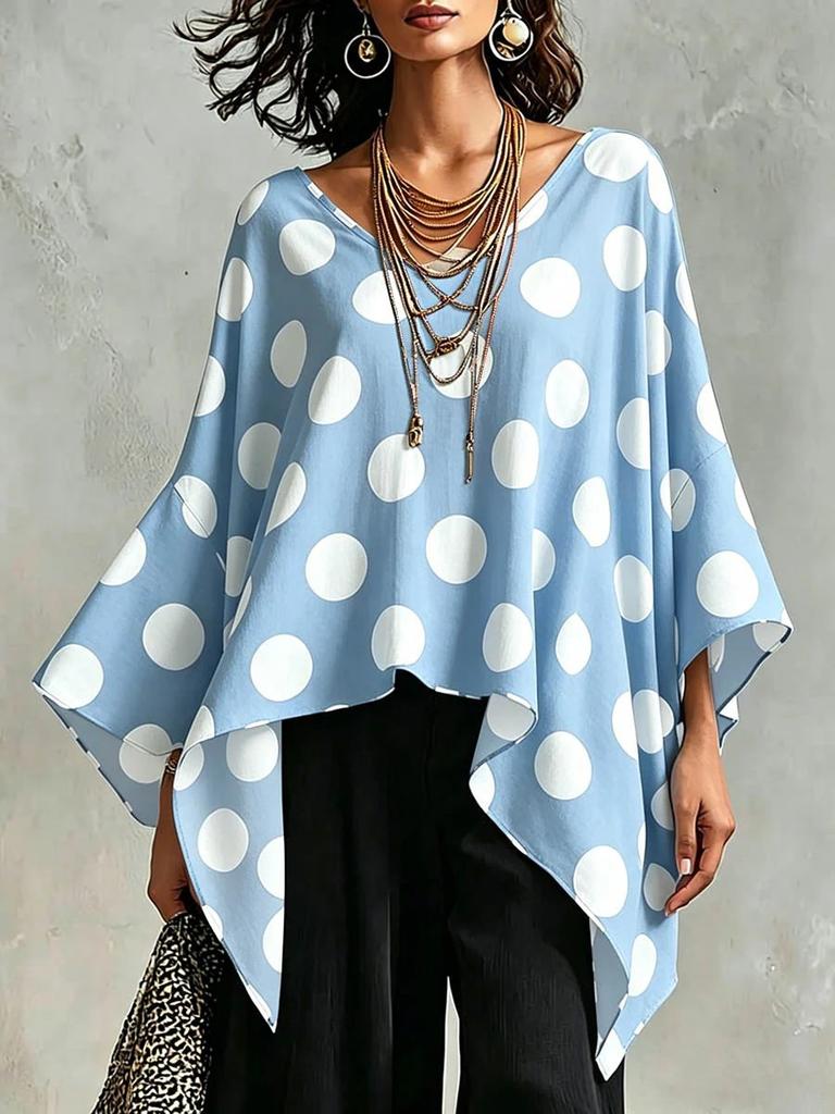 Women Polka Dot Print V Neck Patchwork Loose Casual Blouse Top