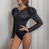 Fall Women's Jumpsuit Black Lace Bubble Sleeve Long Sleeve Bodysuit