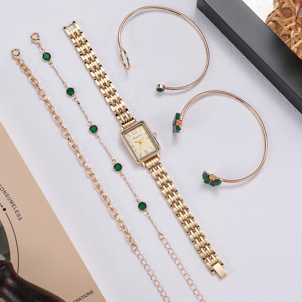 Golden Square Roman Dial Women's Quartz Watch Multi-Piece Set Green Ornaments Butterfly Jewelry Set Light Luxury Gift