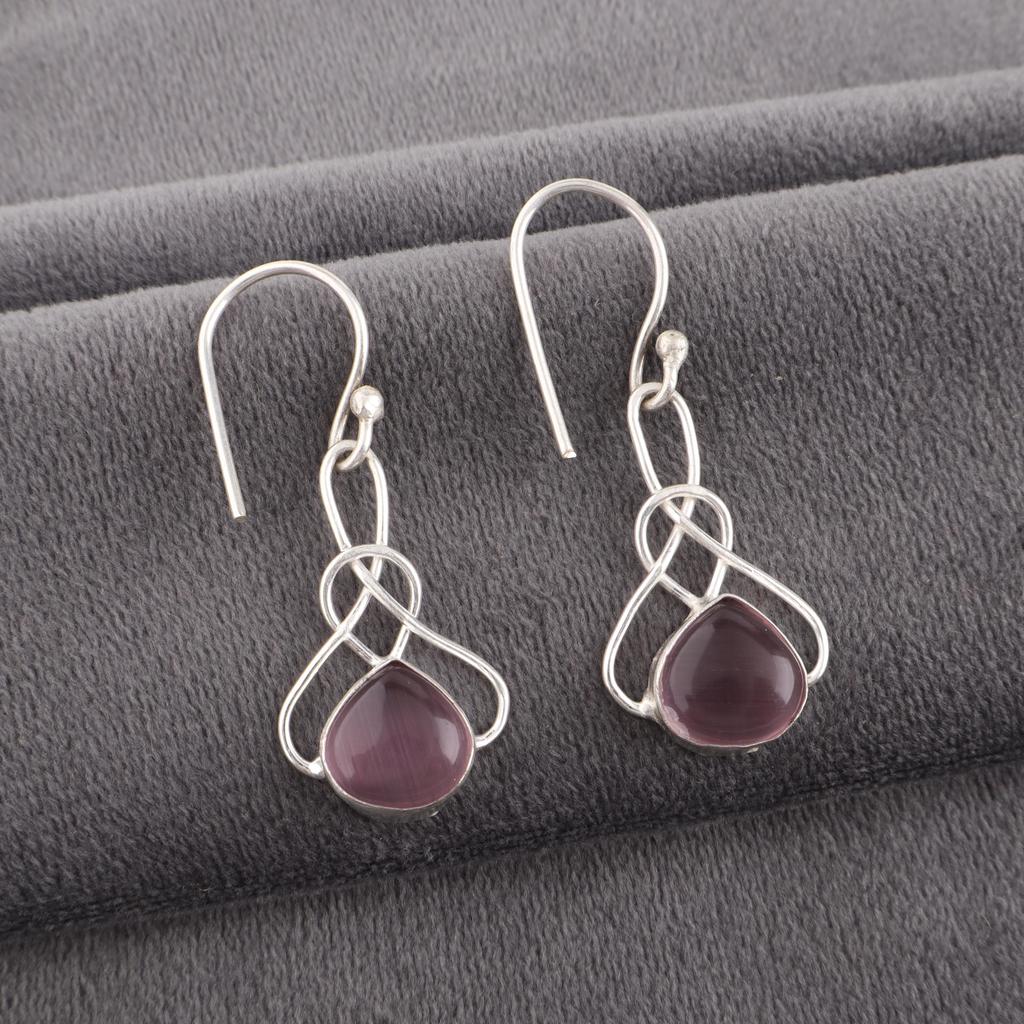 Purple Cat's Eye 925 Sterling Silver Earrings, Handmade Silver Jewelry, Gorgeous Cat's Eye Gemstone Earrings For Gift