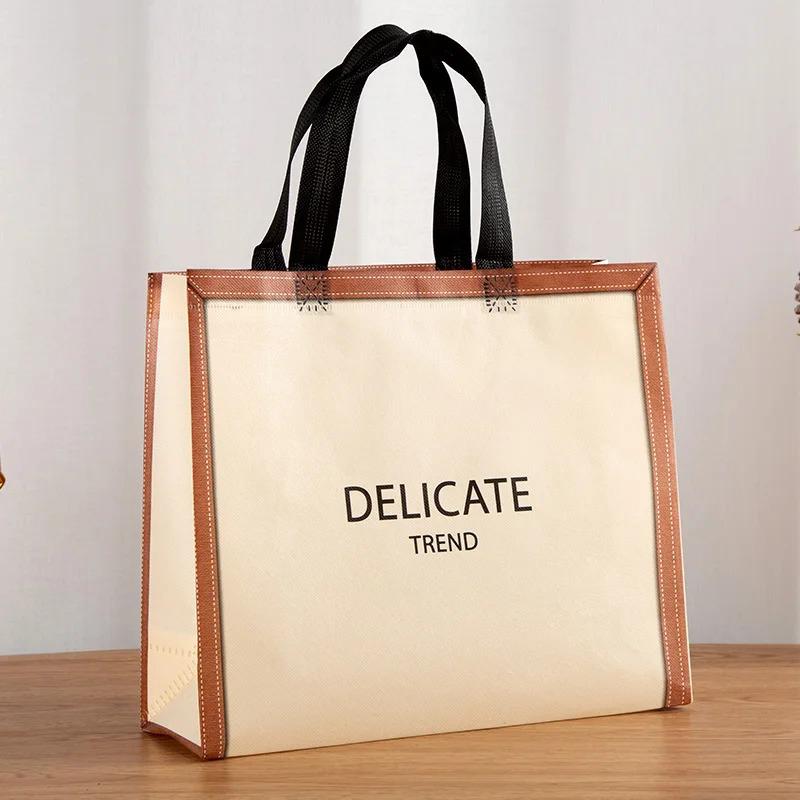 10PCS Rose Printing Packaging Shopping Bag Handle Waterproof Non Woven Fabric Gift Bags Black Clothing Store HandBag