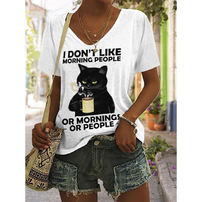 Damen T-Shirt mit Print, Künstlerisches Kurzarm-V-Ausschnitt Sommeroberteil, Stilvoll und Trendig