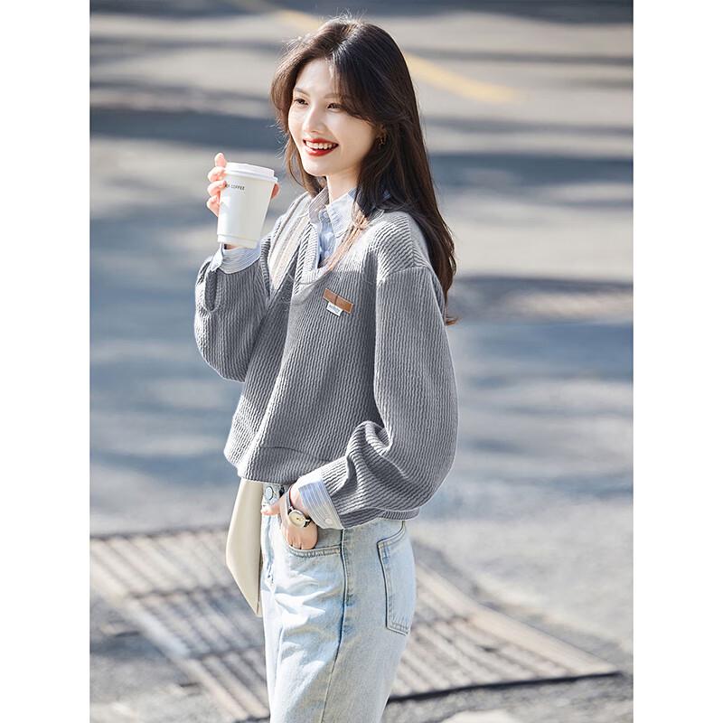 Lapel Stripe Splicing Faux Two-Piece Short Sweatshirt L