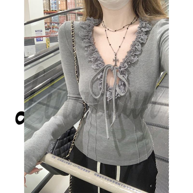

Spring Korean Cashmere V-Neck Ruffle Trim Tie-Up Long-Sleeve Women s T-Shirt Extra Large сірий колір