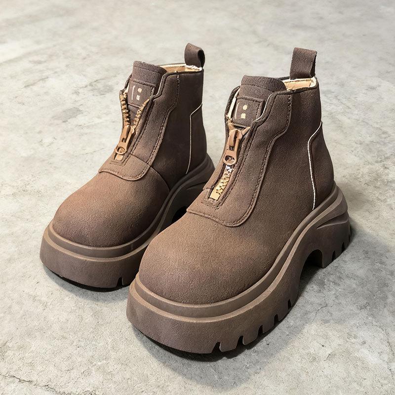 

Женские ботинки Мартина на молнии спереди, осенние новинки, ретро замшевые ботинки на толстой подошве с увеличением высоты, универсальные одинарные ботинки 40 темно-коричневого