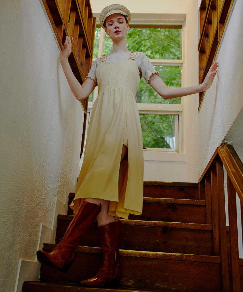 ETMON Back Point Ring Strap Dress Vanilla Yellow