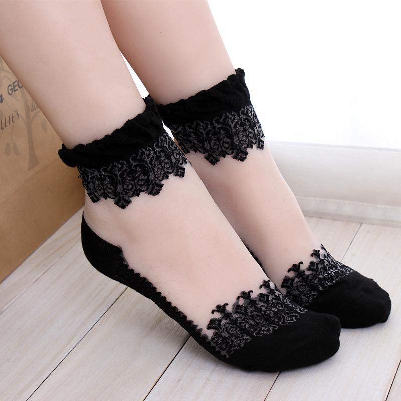 

Fashion Thin Transparent Sock Women Breathable Summer Socks Girls Lace Flower Crystal Silk Sock Sexy Elastic Short Tulle Socks One Size чёрный