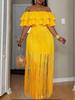 Plus-Size Yellow One-Shoulder Fringe Hem Ruffle Gown