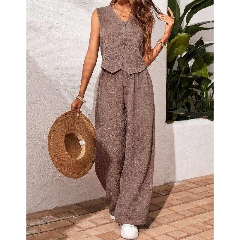 Summer Cotton Linen Women V-Neck Vest Front Button Vest Trousers Casual Suit Women Short Vest Top + Pants Two Peice Set