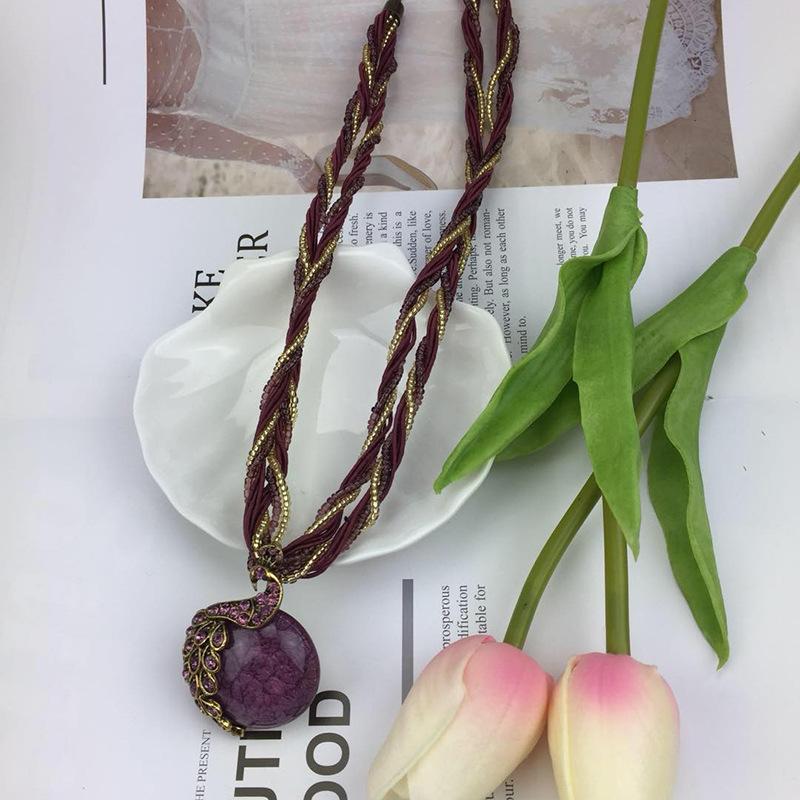 Handmade Rice Beads, Ethnic Retro Sweater Chain, Peacock Gemstone Pendant Necklace.