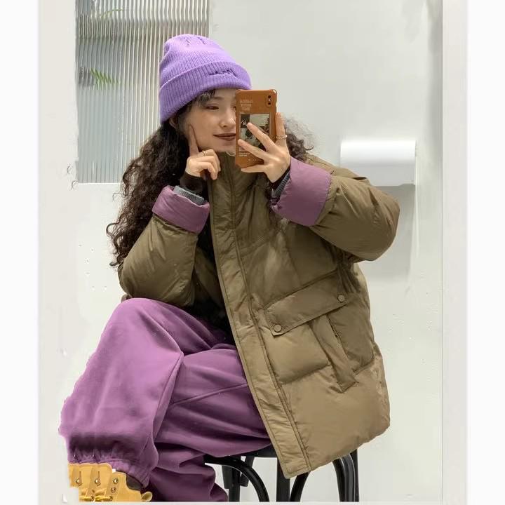 2024 Autumn/Winter European Style Mid-Length Stand Collar Color Block Duck Down Jacket for Women