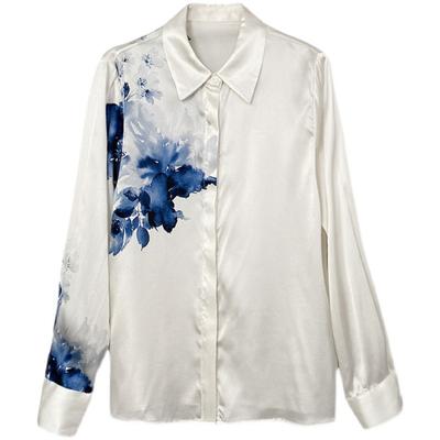 Satin Imitation Silk Shirt for Women Long Sleeve Design Niche Style Retro Ink Printing Satin White Shirt