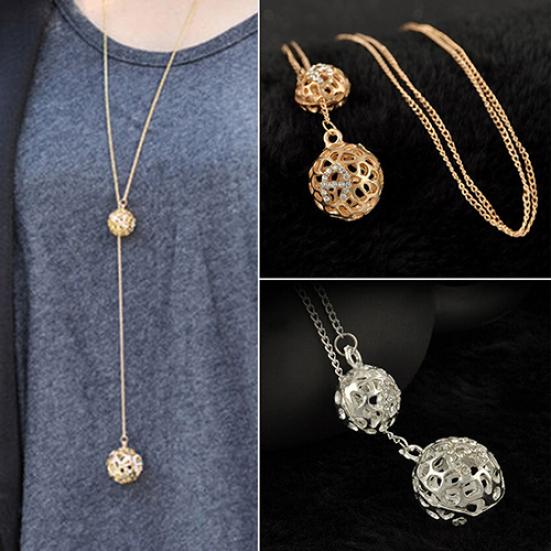 Women Crystal Lucky Double Hollow Balls Pendants Sweater Long Chain Necklace