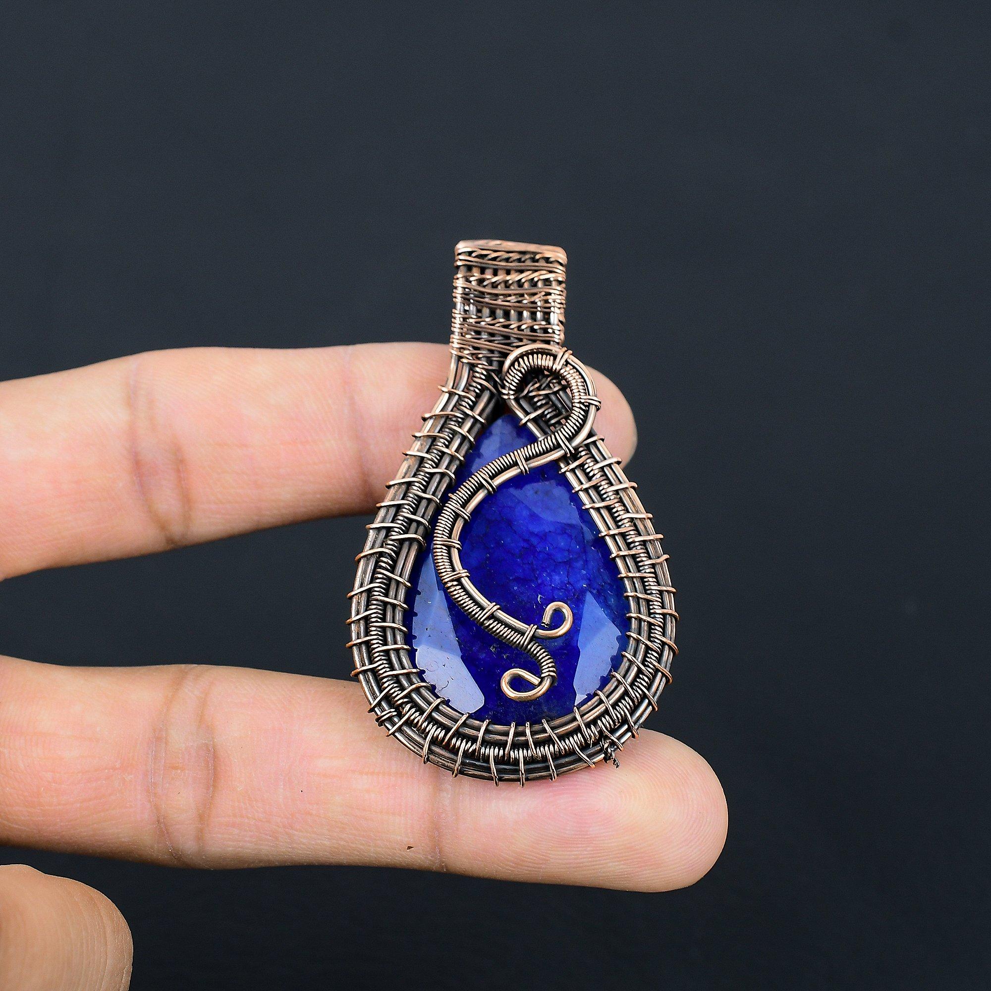 

Blue Sapphire 999 Copper Wire Wrapped Pendant, Handmade Gemstone Pendant Jewelry, Gifts For Wife Brand New Pendant 2.55 Inches