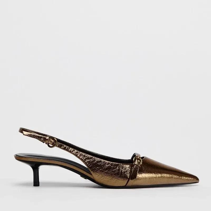 Fashion Elegant Kitten Heel Sandals Women Sexy Pointed Toe Gold Copper Heels Luxury Buckle women Pumps Low Heel Slingback Mules Sandal