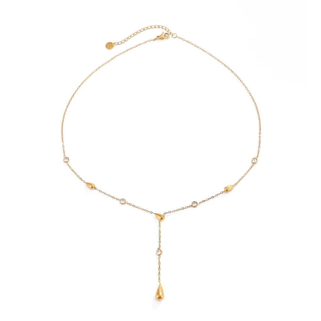 New Elegant 18k Gold Plated Stainless Steel Waterdrop Pendant Necklace for Women Retro Inlay Glass Zircon Ear Jewelry Gifts
