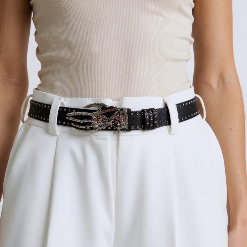 Gothic Style Adjustable Waist Belt With Edgy Skull Heart Motif Perfect For Streetwear And Concert Outfits