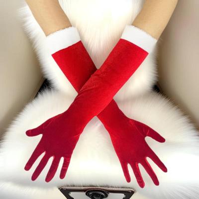 Women's Red Christmas Gold Velvet Gloves with White Fuzz - Warm Holiday Party Accessory