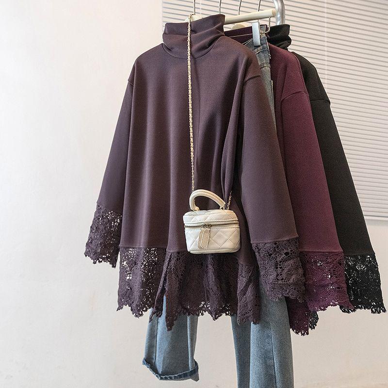Plus Size German Velvet Lace Long Sleeve High Neck Top - Women's Slimming Autumn Winter Outerwear Shirt