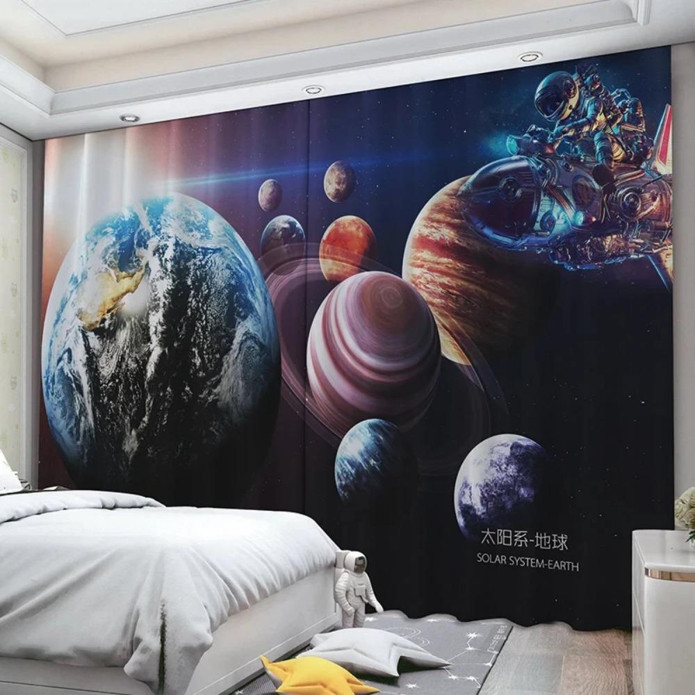Cartoon High Shading Curtain Children's Room Boy Bedroom Astronaut New Bay Window Sunscreen Blackout Sound Insulation Drape 2Pcs