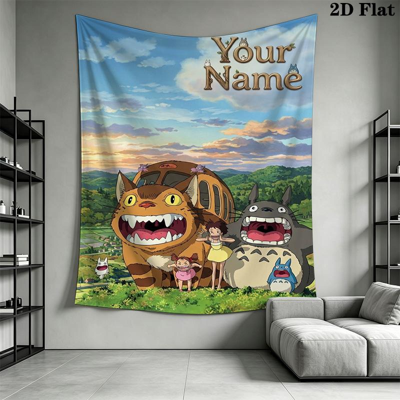 Name Custom Anime-Totoros Wall Tapestry Aesthetic Wall Hanging Printed Fabric Blanket Decorative Tapestries for Bedroom Living Room Home Decor
