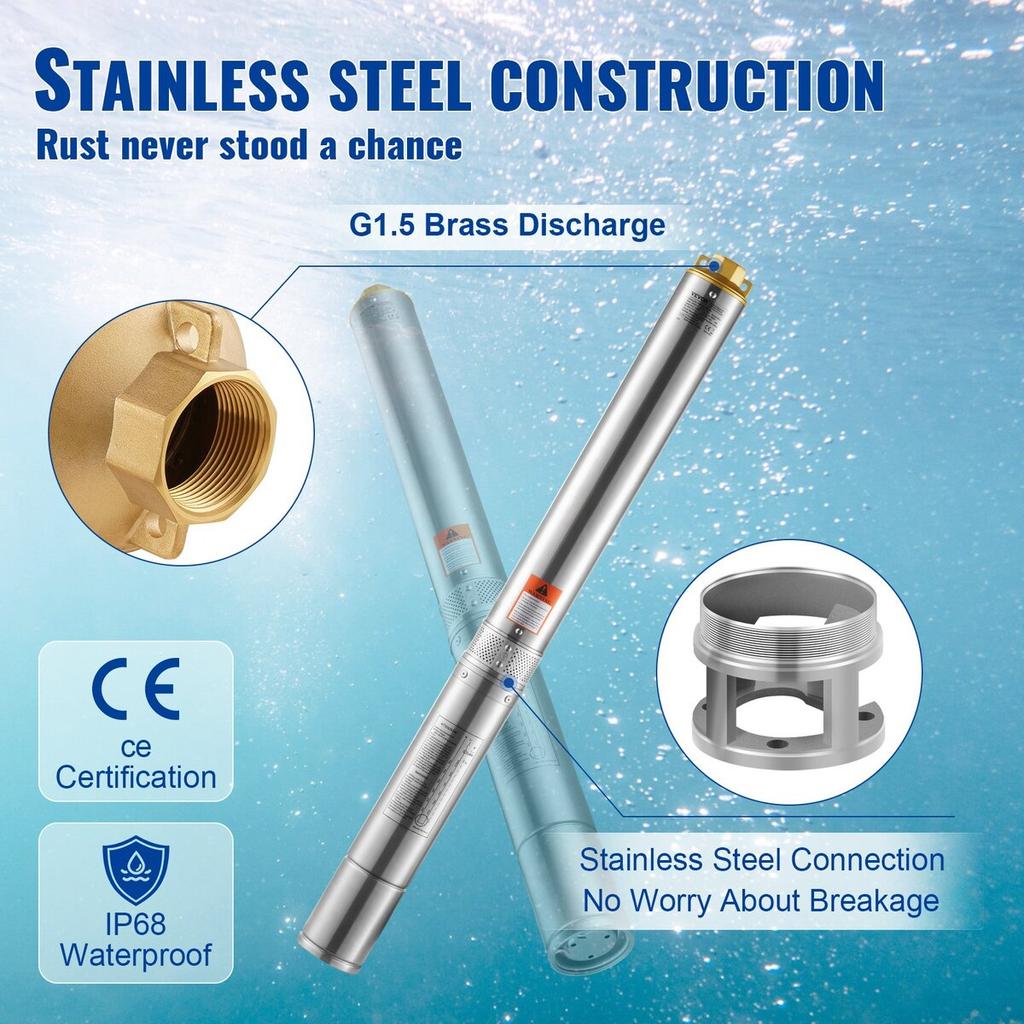 Deep Well Submersible Pump Stainless Steel Water Pump 1500W 9.8 m³/h 108 m
