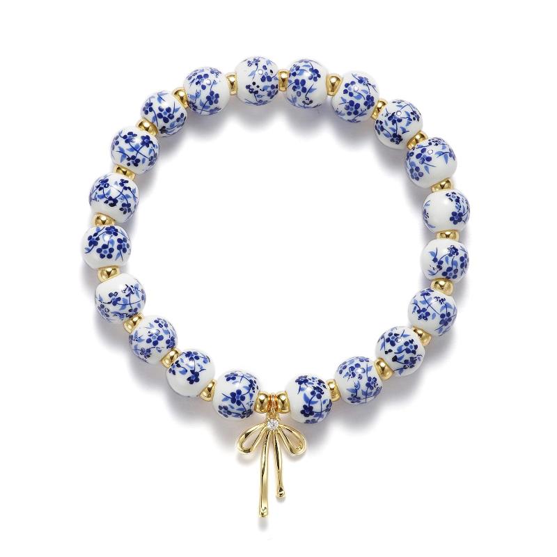 Elastic Blue And White Porcelain Bracelet Metal Beads Vintage Beads Bracelets Ceramics Antiquities  Chinese Style Bracelet