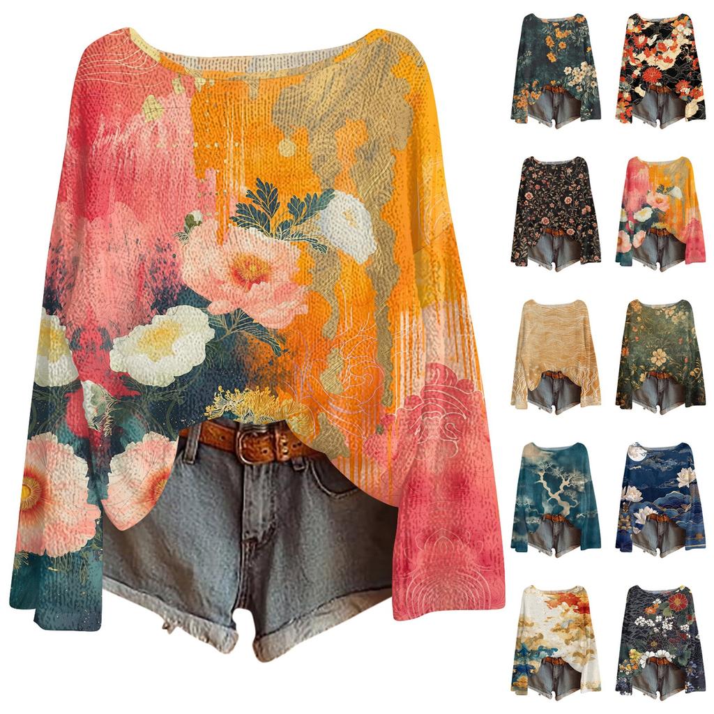 Womens  Fall Sweaters Long Sleeve Print Tops Pullover Sweaters Loose Dressy Casual Basic Clothes