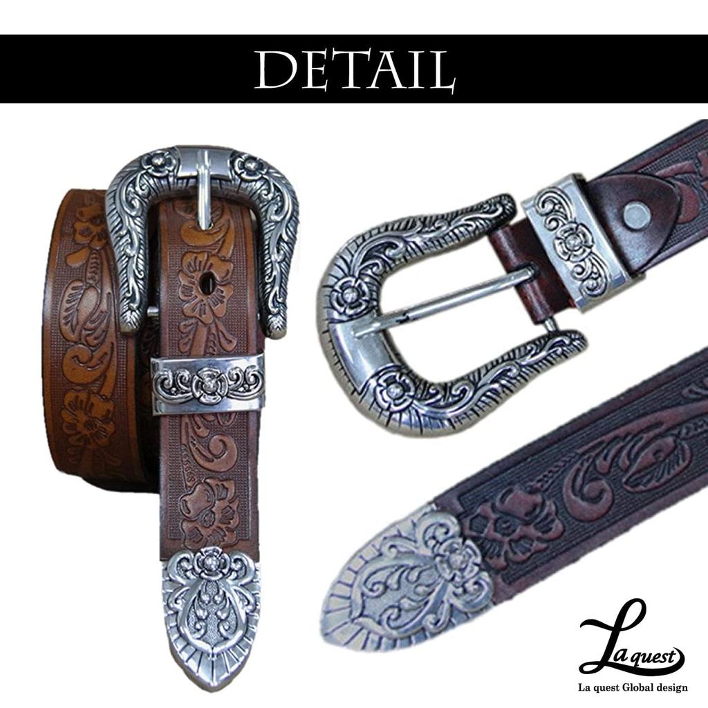 Laquest Sheridan Carved Embossed Leather Belt with Western for Men D-Buckle (Cream)