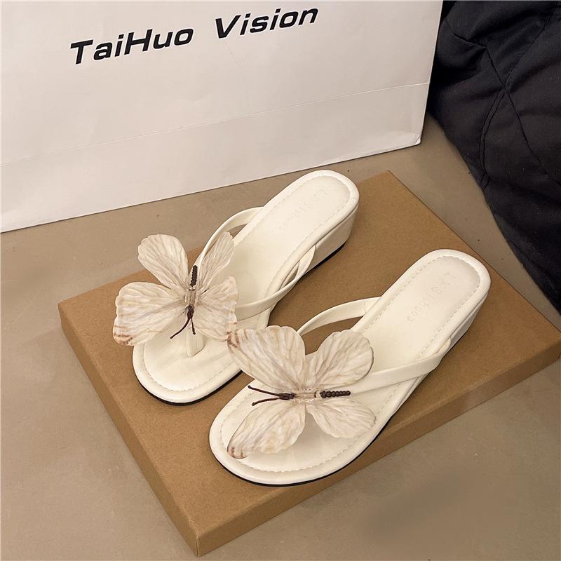 

Fashion Butterfly Flip Flops 2025 Summer New 5cm Wedges High-heeled Shoes for Women Fashion Mixed Color Outside Wear Slides Laides Shoes 35 бежевый